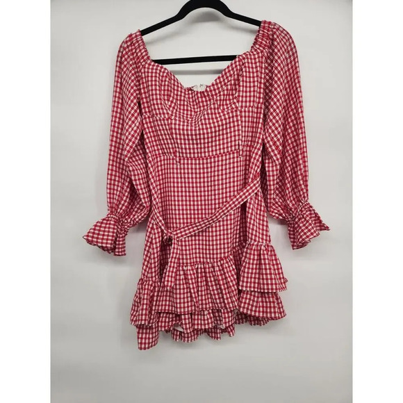 NWT Maeve Anthropologie Off Shoulder Ruffle Plaid Mini Dress Sz 12 red #9M408 - Picture 2 of 13